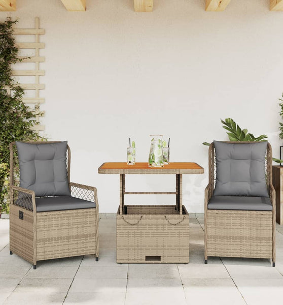 3-tlg. Garten-Essgruppe mit Kissen Beige Poly Rattan