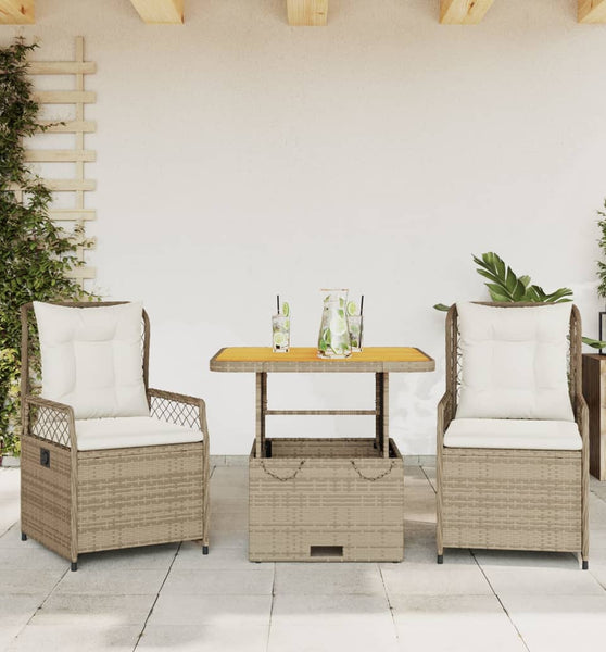 3-tlg. Garten-Essgruppe mit Kissen Beige Poly Rattan