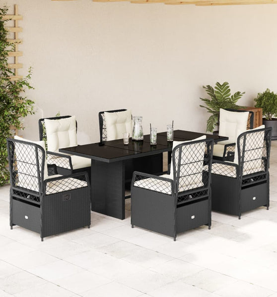 7-tlg. Garten-Essgruppe mit Kissen Schwarz Poly Rattan