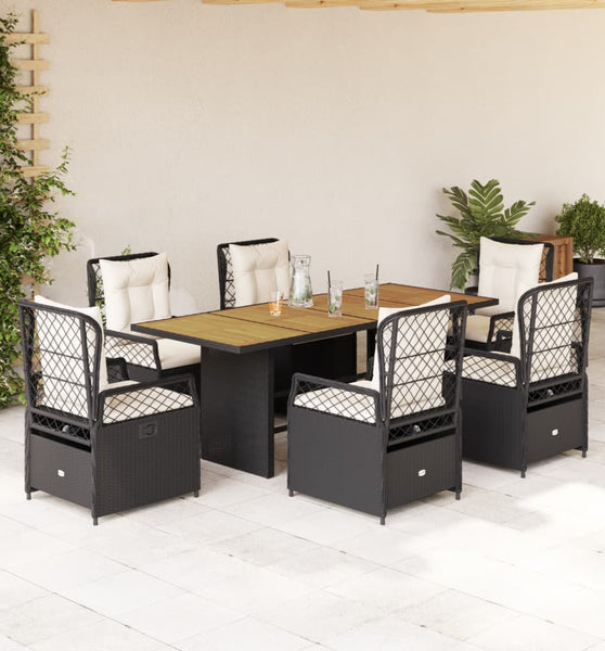 7-tlg. Garten-Essgruppe mit Kissen Schwarz Poly Rattan