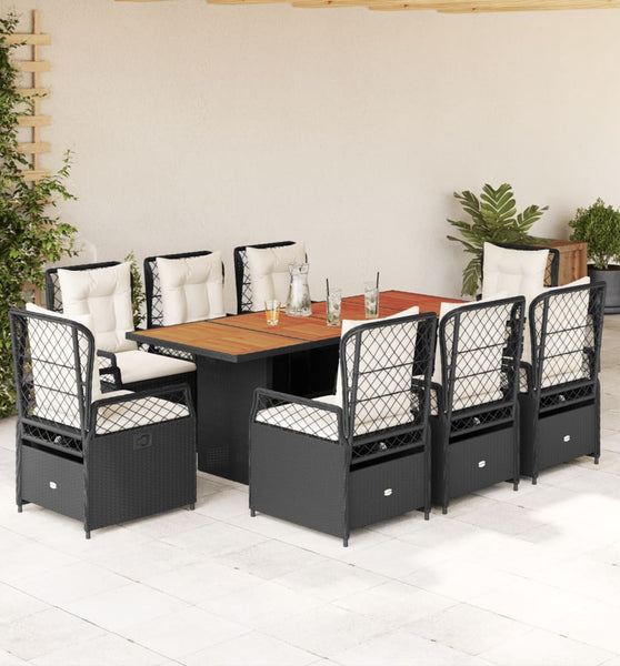 9-tlg. Garten-Essgruppe mit Kissen Schwarz Poly Rattan