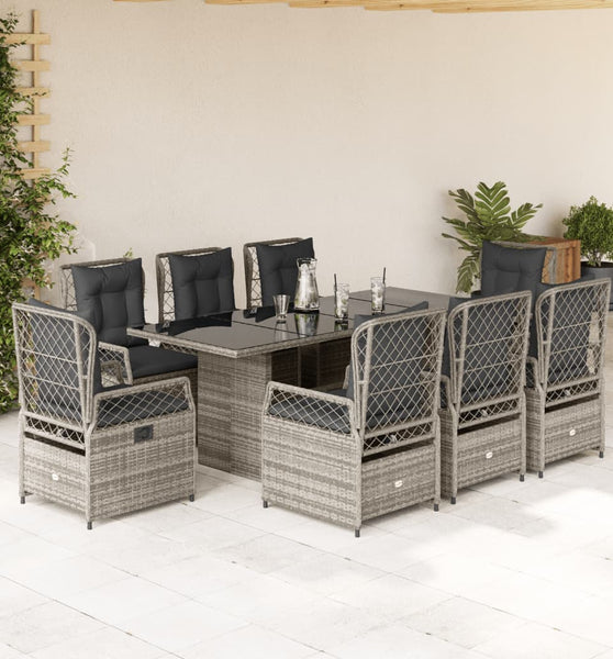 9-tlg. Garten-Essgruppe mit Kissen Grau Poly Rattan