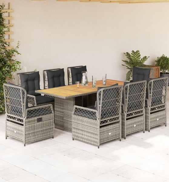 9-tlg. Garten-Essgruppe mit Kissen Grau Poly Rattan