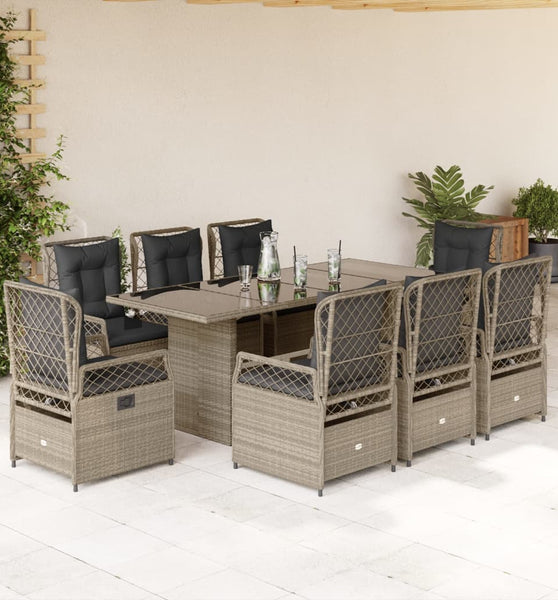 9-tlg. Garten-Essgruppe mit Kissen Hellgrau Poly Rattan