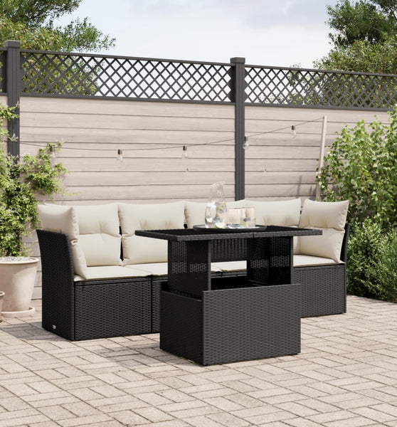 5-tlg. Garten-Sofagarnitur mit Kissen Schwarz Poly Rattan