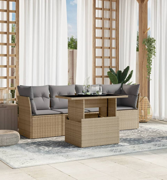 5-tlg. Garten-Sofagarnitur mit Kissen Beige Poly Rattan