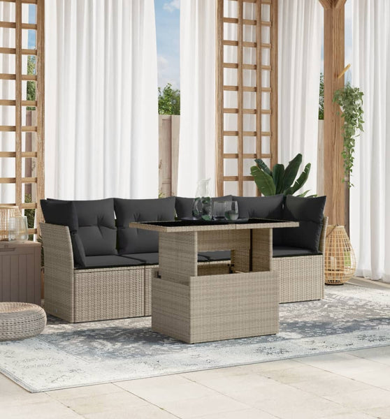 5-tlg. Garten-Sofagarnitur mit Kissen Hellgrau Poly Rattan