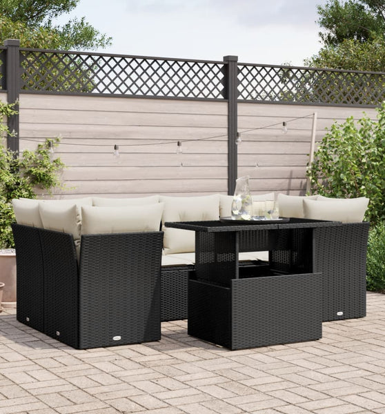 7-tlg. Garten-Sofagarnitur mit Kissen Schwarz Poly Rattan