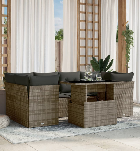 7-tlg. Garten-Sofagarnitur mit Kissen Grau Poly Rattan