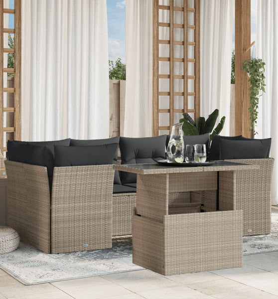7-tlg. Garten-Sofagarnitur mit Kissen Hellgrau Poly Rattan