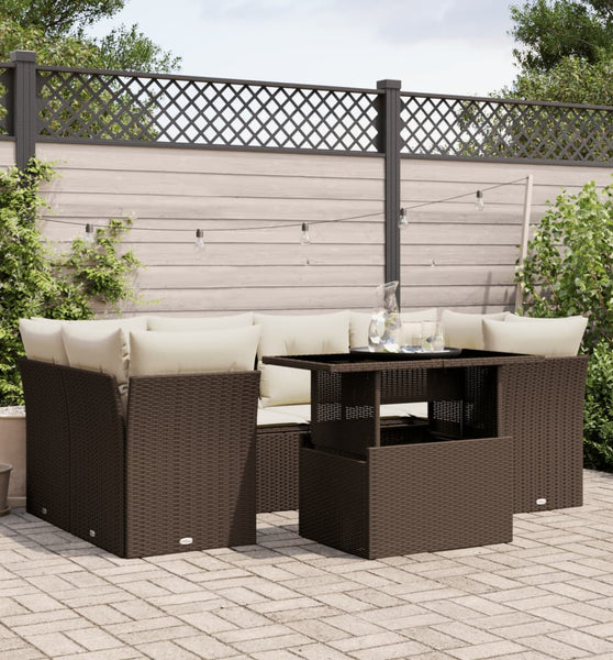 7-tlg. Garten-Sofagarnitur mit Kissen Braun Poly Rattan