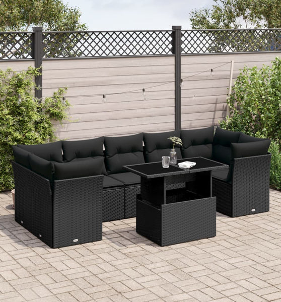 8-tlg. Garten-Sofagarnitur mit Kissen Schwarz Poly Rattan