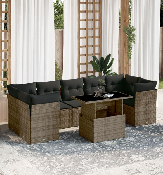 8-tlg. Garten-Sofagarnitur mit Kissen Grau Poly Rattan