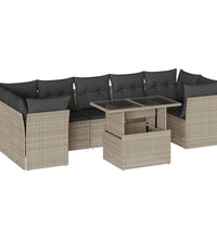 8-tlg. Garten-Sofagarnitur mit Kissen Hellgrau Poly Rattan