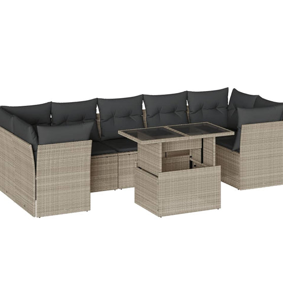 8-tlg. Garten-Sofagarnitur mit Kissen Hellgrau Poly Rattan