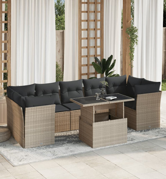 8-tlg. Garten-Sofagarnitur mit Kissen Hellgrau Poly Rattan