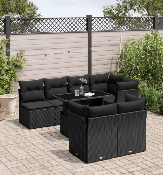 8-tlg. Garten-Sofagarnitur mit Kissen Schwarz Poly Rattan