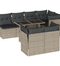 8-tlg. Garten-Sofagarnitur mit Kissen Hellgrau Poly Rattan