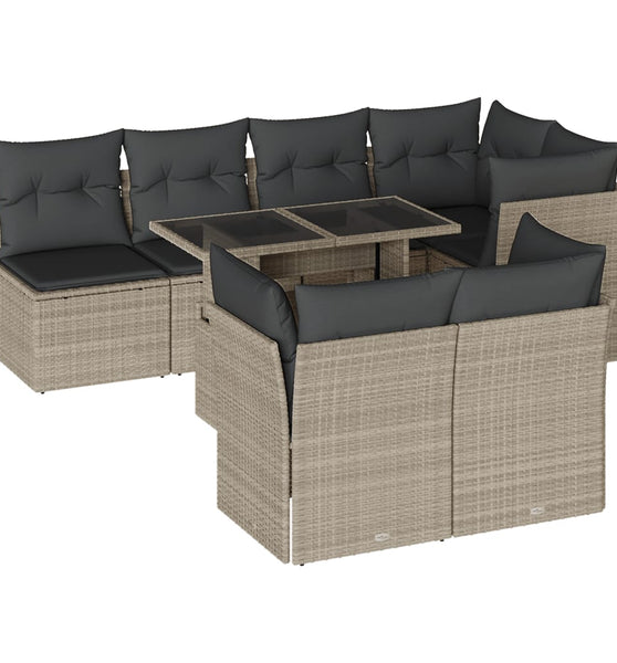 8-tlg. Garten-Sofagarnitur mit Kissen Hellgrau Poly Rattan