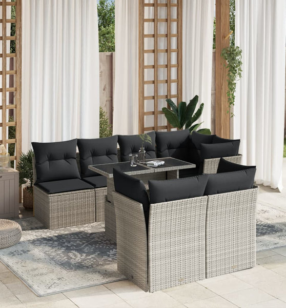 8-tlg. Garten-Sofagarnitur mit Kissen Hellgrau Poly Rattan