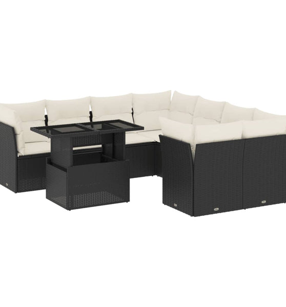 9-tlg. Garten-Sofagarnitur mit Kissen Schwarz Poly Rattan