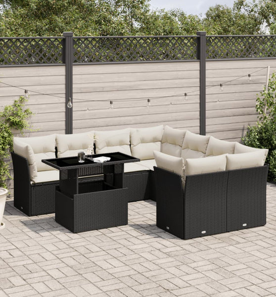 9-tlg. Garten-Sofagarnitur mit Kissen Schwarz Poly Rattan