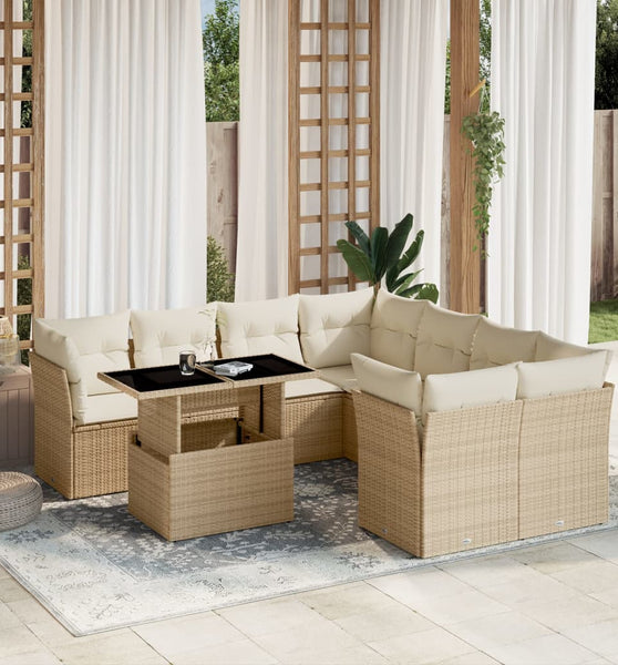 9-tlg. Garten-Sofagarnitur mit Kissen Beige Poly Rattan