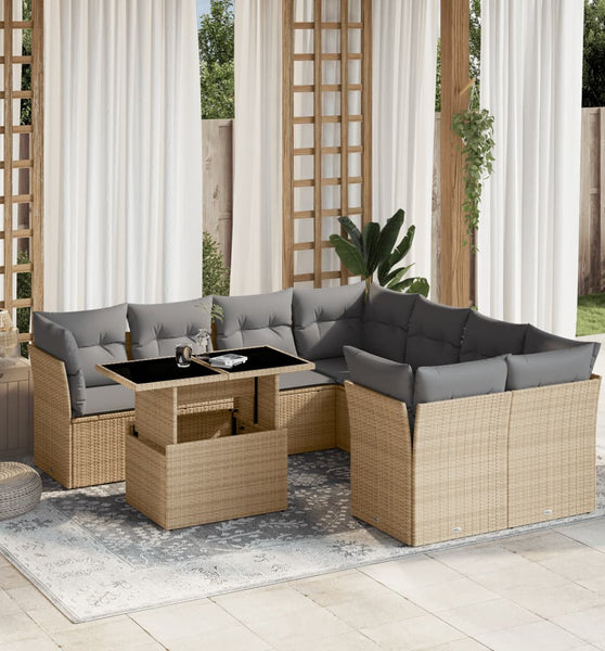 9-tlg. Garten-Sofagarnitur mit Kissen Beige Poly Rattan