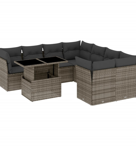 9-tlg. Garten-Sofagarnitur mit Kissen Grau Poly Rattan