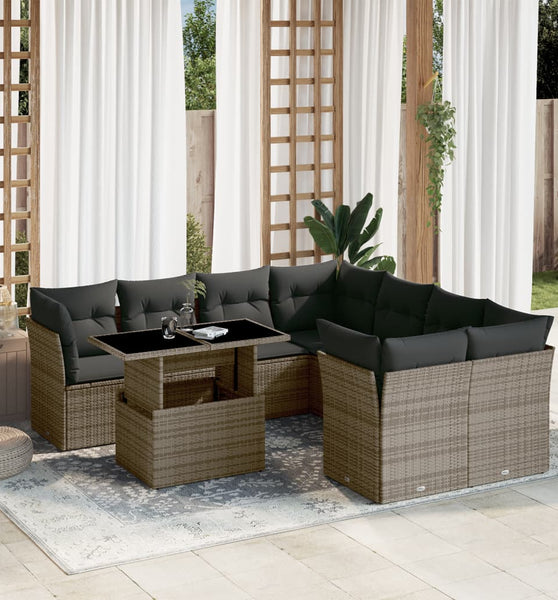 9-tlg. Garten-Sofagarnitur mit Kissen Grau Poly Rattan