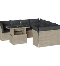 9-tlg. Garten-Sofagarnitur mit Kissen Hellgrau Poly Rattan