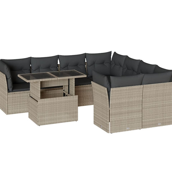 9-tlg. Garten-Sofagarnitur mit Kissen Hellgrau Poly Rattan