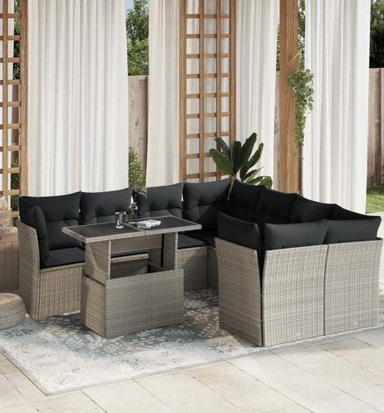 9-tlg. Garten-Sofagarnitur mit Kissen Hellgrau Poly Rattan