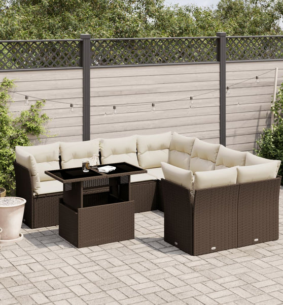 9-tlg. Garten-Sofagarnitur mit Kissen Braun Poly Rattan