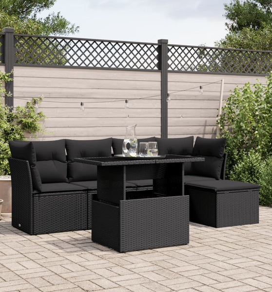 6-tlg. Garten-Sofagarnitur mit Kissen Schwarz Poly Rattan