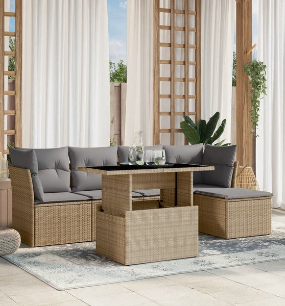 6-tlg. Garten-Sofagarnitur mit Kissen Beige Poly Rattan