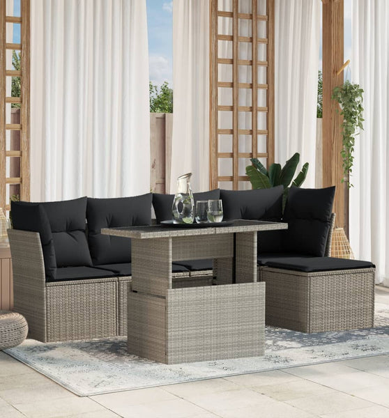 6-tlg. Garten-Sofagarnitur mit Kissen Hellgrau Poly Rattan