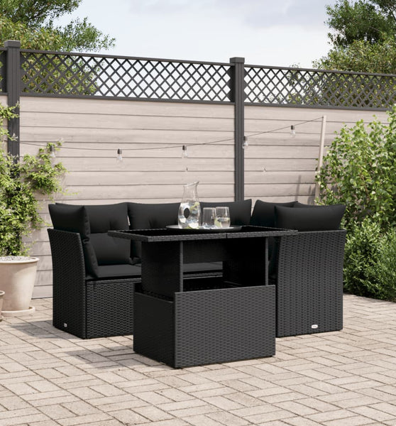 5-tlg. Garten-Sofagarnitur mit Kissen Schwarz Poly Rattan