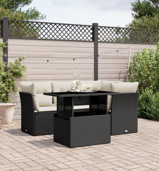 5-tlg. Garten-Sofagarnitur mit Kissen Schwarz Poly Rattan
