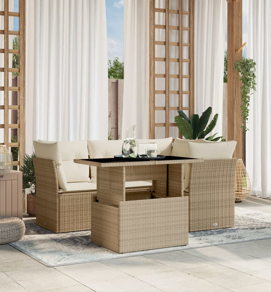 5-tlg. Garten-Sofagarnitur mit Kissen Beige Poly Rattan