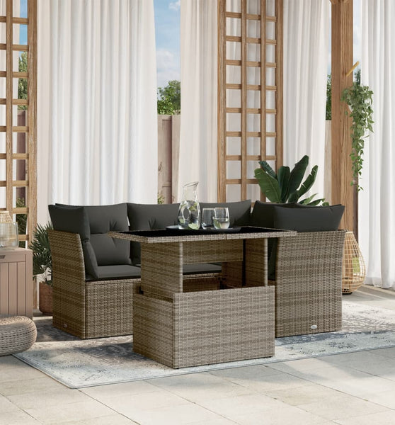 5-tlg. Garten-Sofagarnitur mit Kissen Grau Poly Rattan