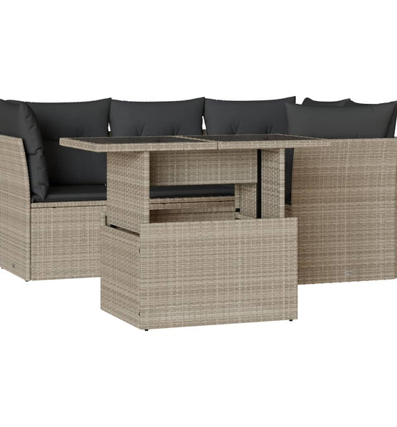 5-tlg. Garten-Sofagarnitur mit Kissen Hellgrau Poly Rattan