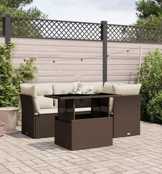 5-tlg. Garten-Sofagarnitur mit Kissen Braun Poly Rattan