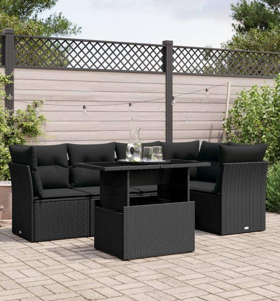 6-tlg. Garten-Sofagarnitur mit Kissen Schwarz Poly Rattan