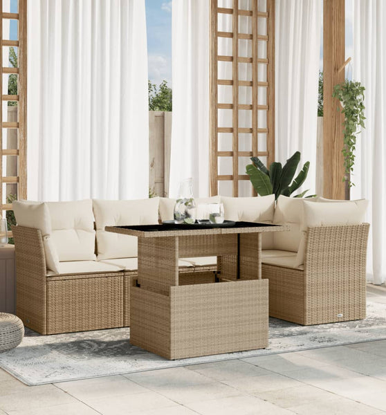 6-tlg. Garten-Sofagarnitur mit Kissen Beige Poly Rattan