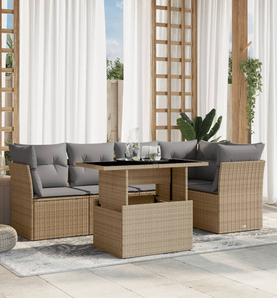 6-tlg. Garten-Sofagarnitur mit Kissen Beige Poly Rattan