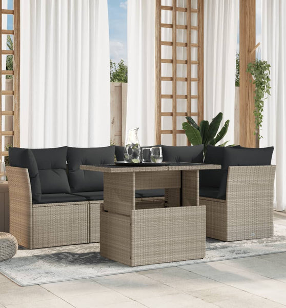 6-tlg. Garten-Sofagarnitur mit Kissen Hellgrau Poly Rattan