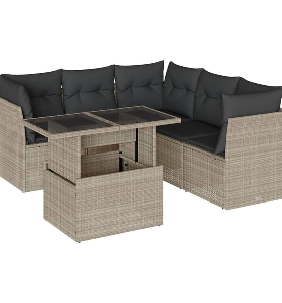 6-tlg. Garten-Sofagarnitur mit Kissen Hellgrau Poly Rattan