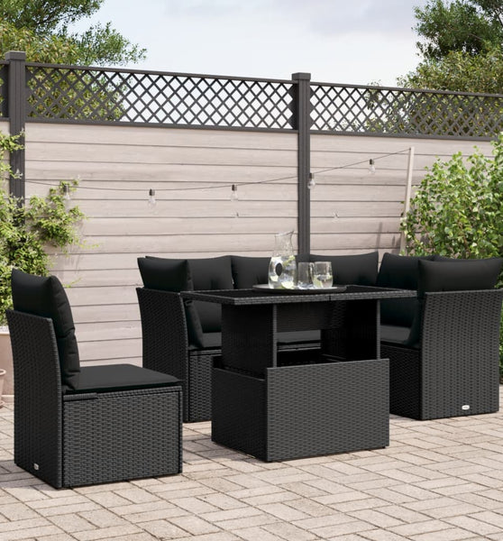6-tlg. Garten-Sofagarnitur mit Kissen Schwarz Poly Rattan
