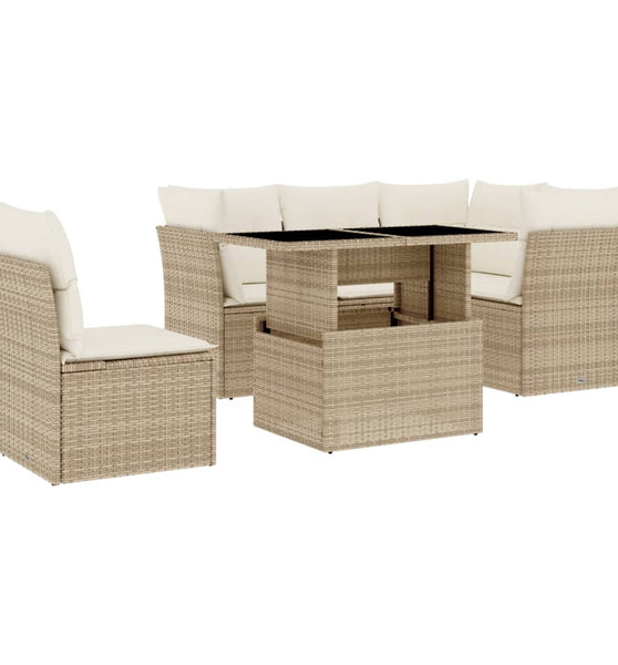 6-tlg. Garten-Sofagarnitur mit Kissen Beige Poly Rattan
